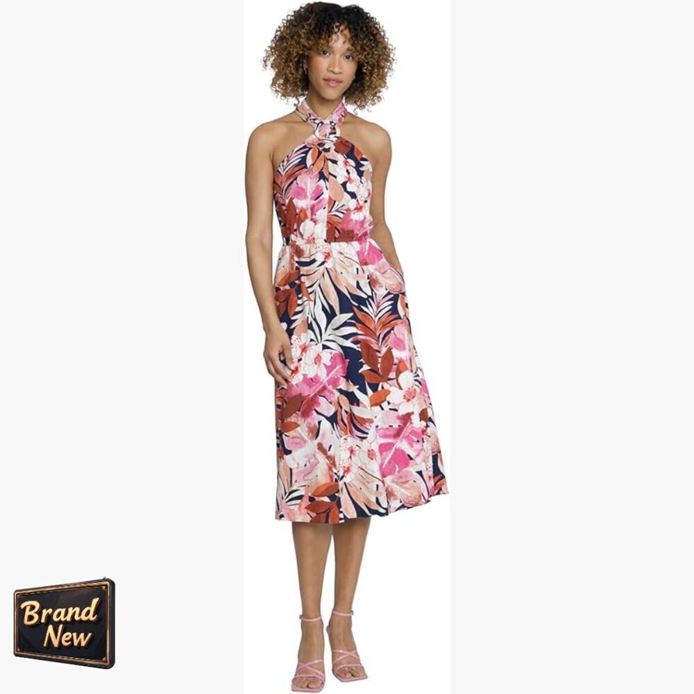 Floral Print Halter Midi Dress With Cinched Waist, Size 0/Xs